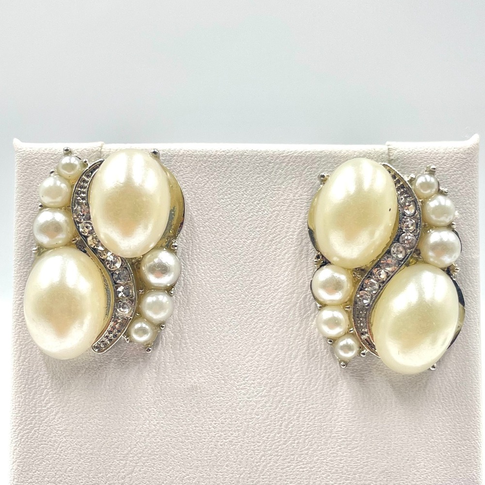Vintage 80s Faux Pearl Rhinestone Silver Tone S-Curve Statement Post Earrings